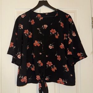 Lush Black Floral Tie Front Button Blouse